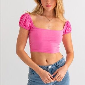 Le Lis Fuchsia Puff Sleeve Crop Top